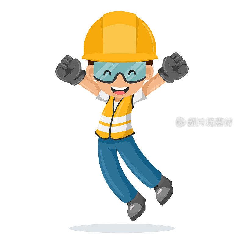 工业建筑工人穿着个人防护装备快乐地跳着。工作中的工业安全和职业健康