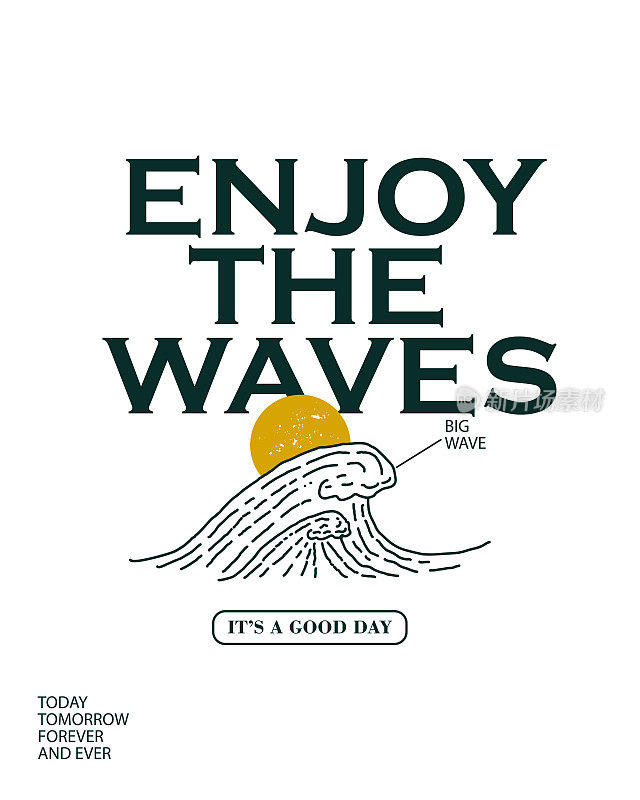 矢量插图冲浪主题徽章设计。用于t恤打印、海报、贴纸等用途。