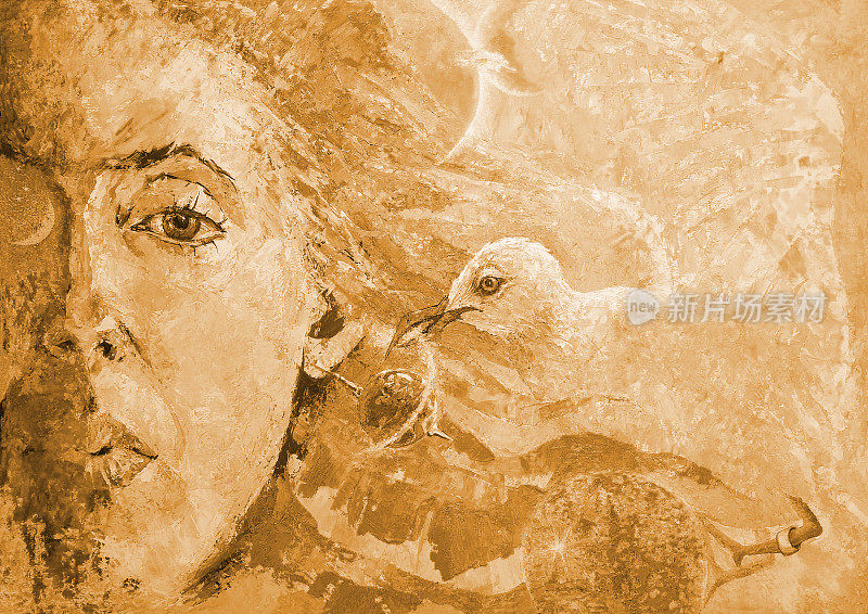 插图油画肖像的女人与鸟海鸥在棕褐色的宇宙宇宙天空行星