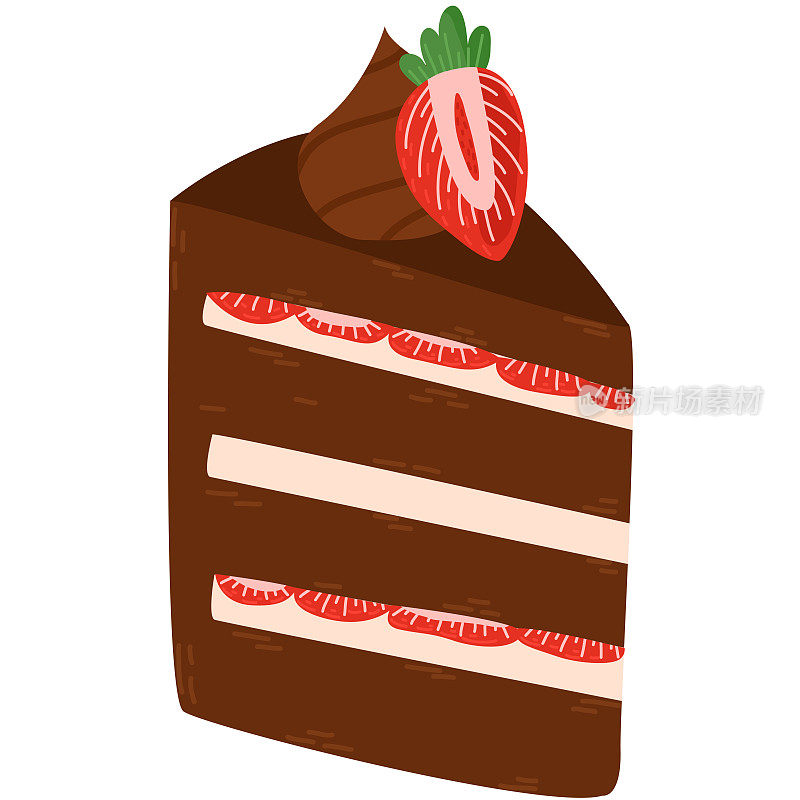 矢量蛋糕片。美味的奶油草莓蛋糕片。美味的蛋糕在手绘风格