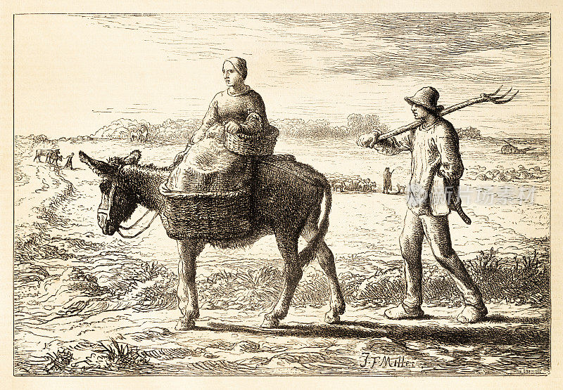 早晨，农夫、干草叉和妻子骑着驴，提着篮子