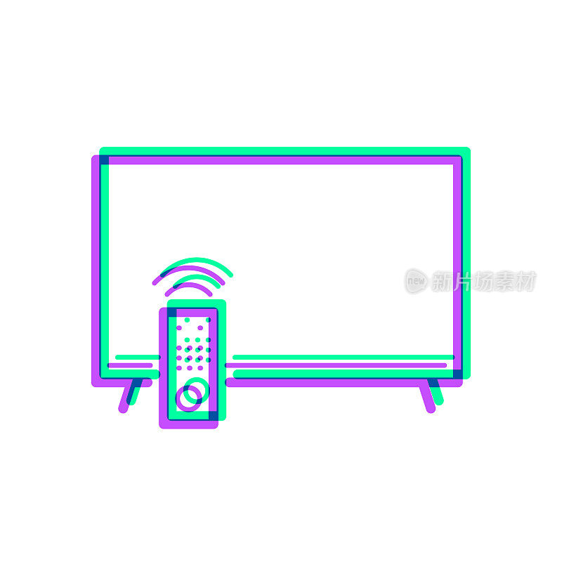 电视和遥控器。图标与两种颜色叠加在白色背景上