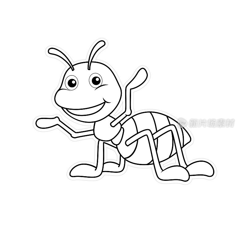 矢量插图的黑色和白色的蚂蚁笑脸隔离在白色的背景。儿童涂色书。股票插图