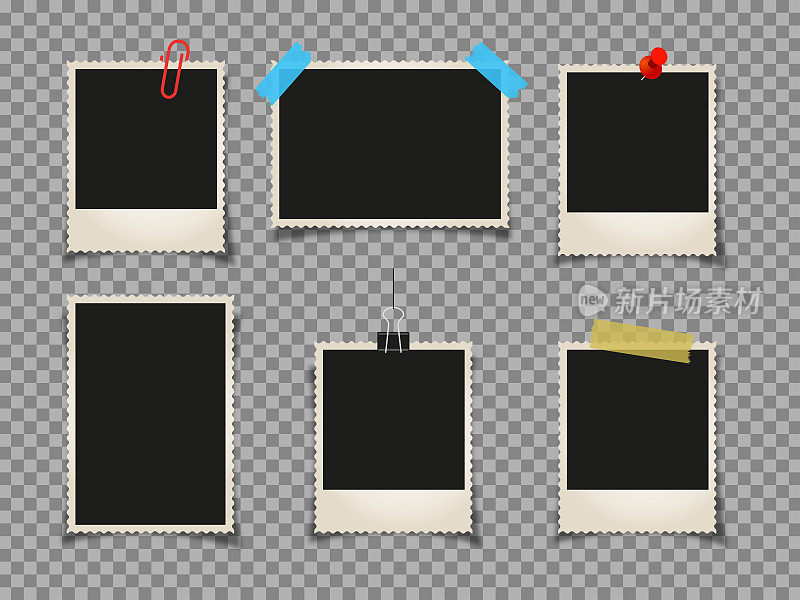 相框收集与空白的地方与胶带，回形针，透明背景上的活页夹