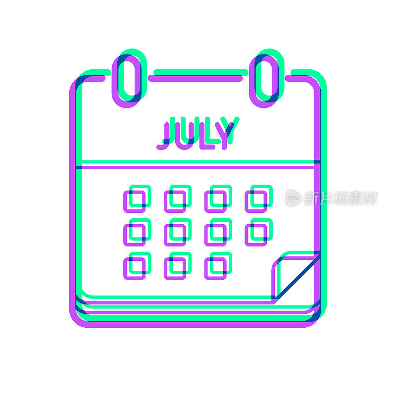 7月日历。图标与两种颜色叠加在白色背景上