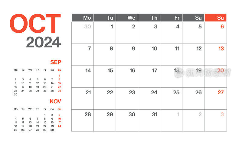 2024年10月-每月季度日历。极简风格的景观水平日历2024年。向量模板。这一周从星期一开始