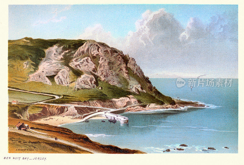 邦努伊特湾，泽西岛，海峡群岛，小港口，码头，海岸景观，维多利亚景观艺术19世纪