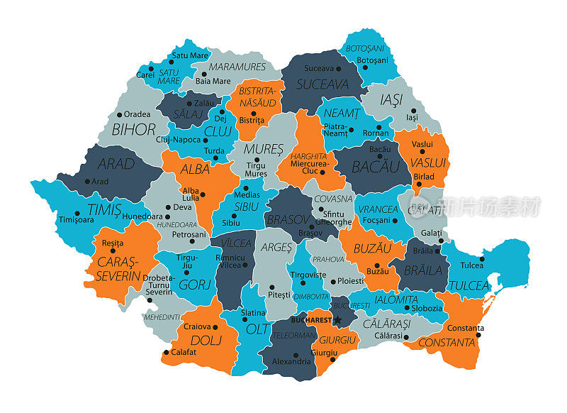 罗马尼亚的地图。罗马尼亚矢量彩色地图