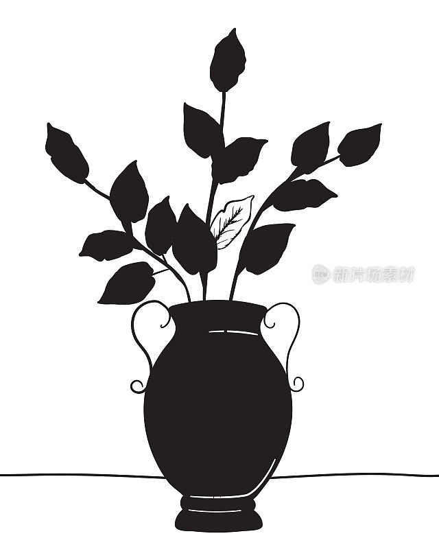 剪影植物在花瓶上透明的背景