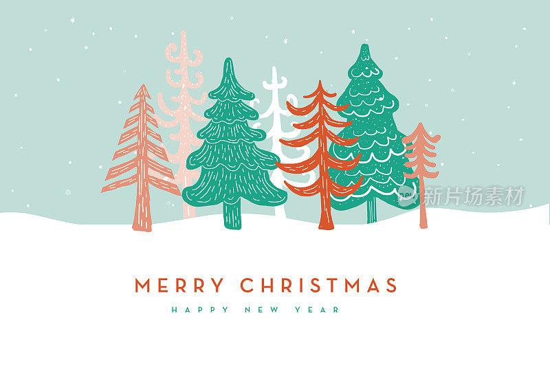 彩色手绘圣诞贺卡与可爱的树
