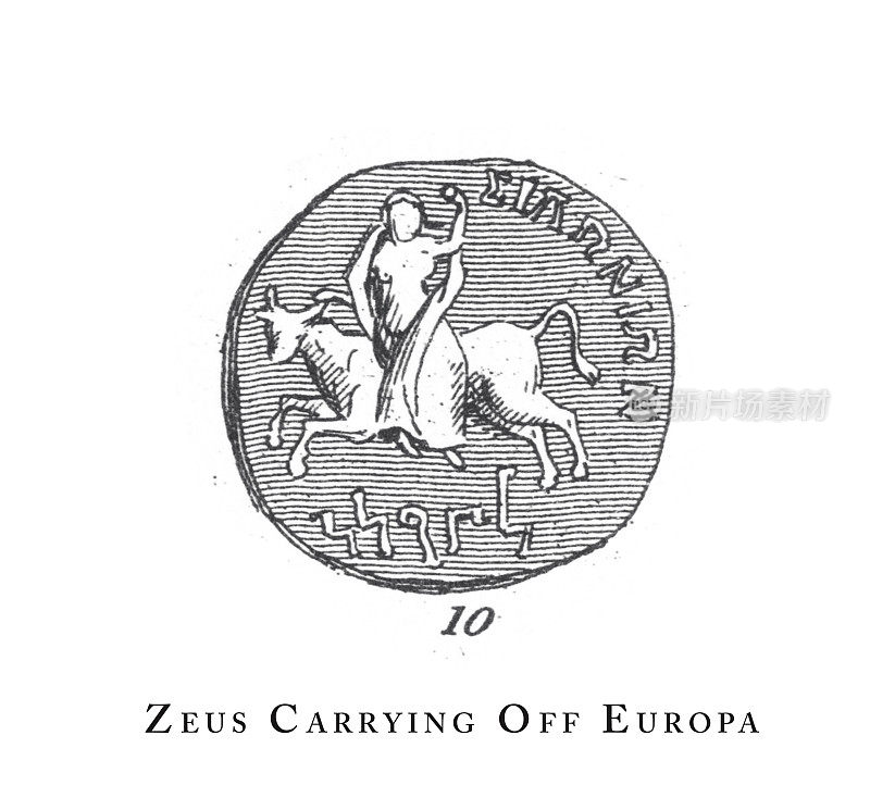 《宙斯带走欧罗巴》，希腊和罗马神话中的传奇场景和人物雕刻古董插图，出版于1851年