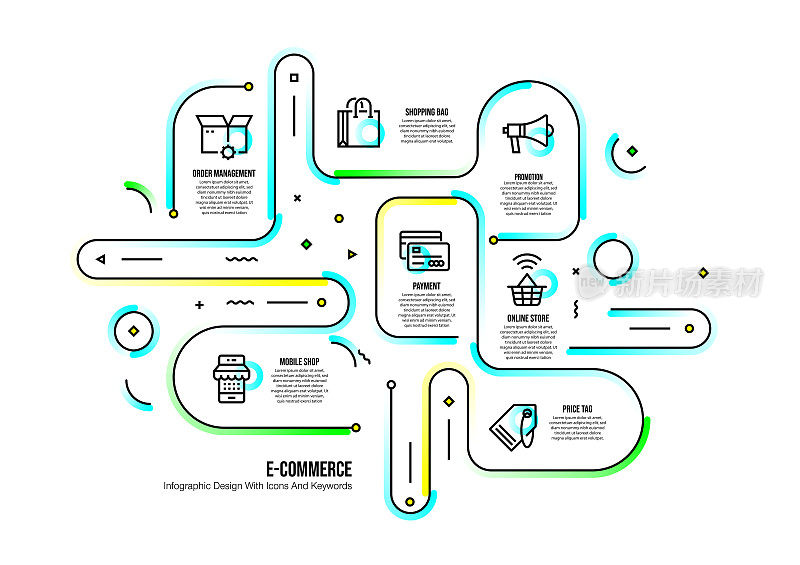 信息图表设计模板与电子商务关键字和图标