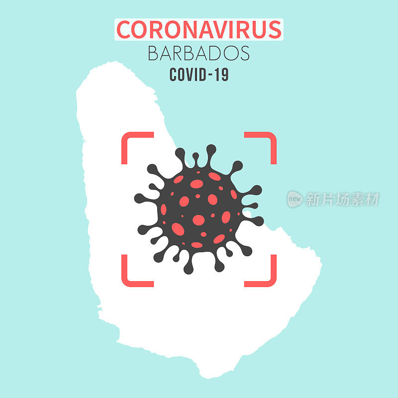 巴巴多斯地图，红色取景器中有冠状病毒细胞(COVID-19)
