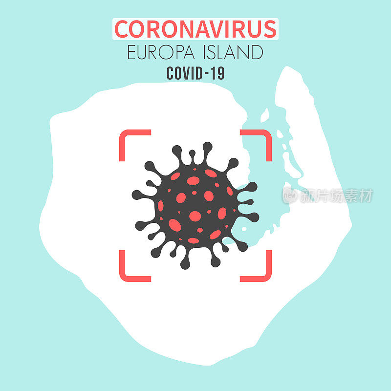 欧罗巴岛地图，红色取景器中有冠状病毒细胞(COVID-19)