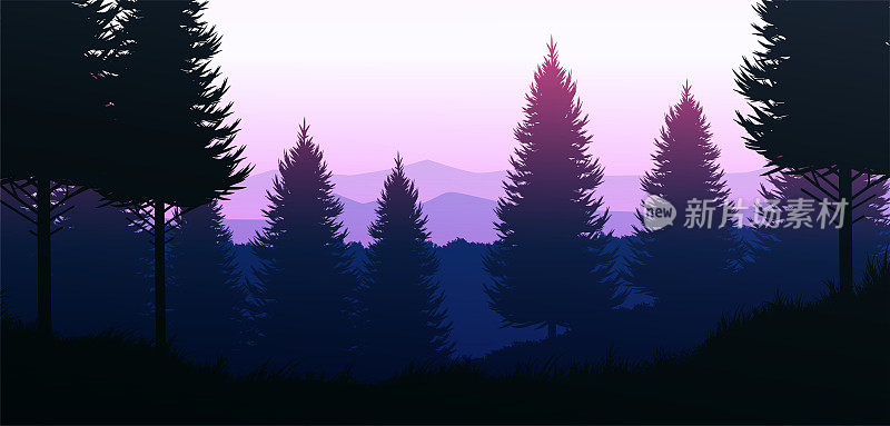 天然森林天然松林山地平线。风景壁纸。日出日落。插图矢量风格彩色视图背景。