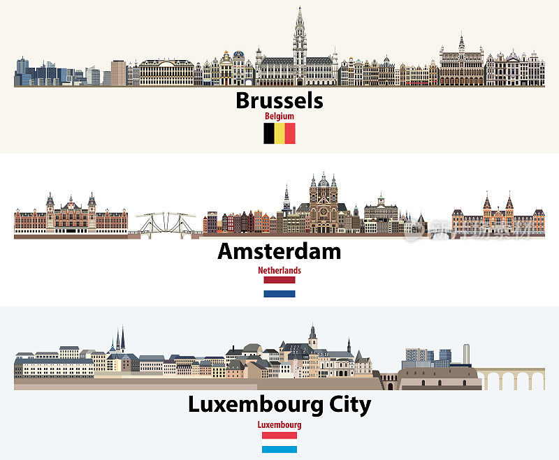 布鲁塞尔，阿姆斯特丹，卢森堡城市的天际线插图。比荷卢三国国旗:比利时，荷兰，卢森堡。向量