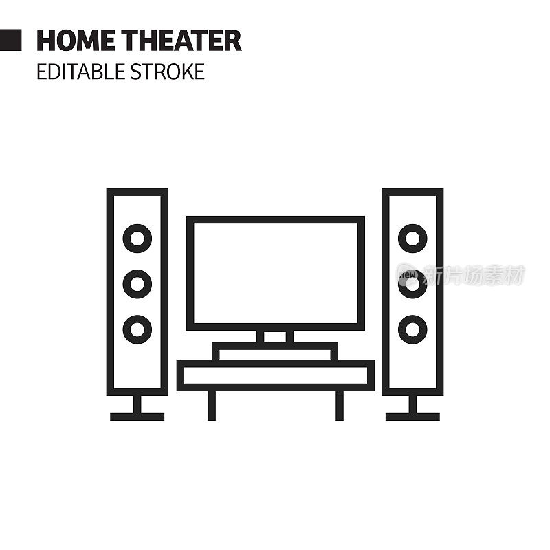 家庭影院线图标，轮廓矢量符号插图。完美像素，可编辑的描边。