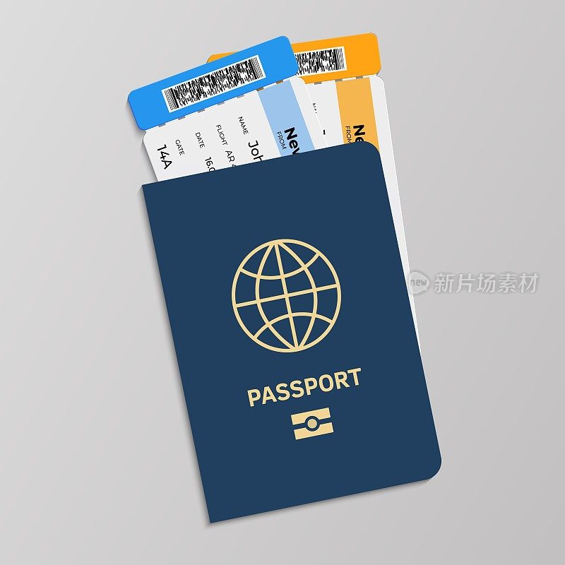 护照和登机票。手绘的蓝色国际文件在机场的海关门口提交。矢量现实旅行概念