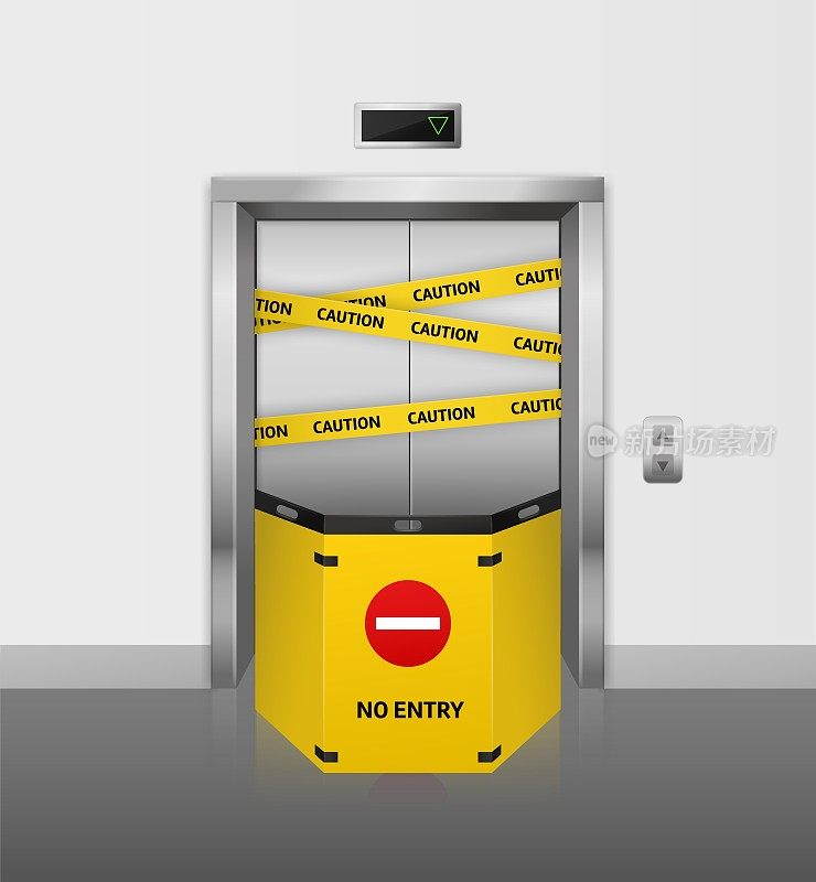 破碎的电梯。真实的故障升降机关闭维修或维护与警告黄色条纹和警告标志矢量概念