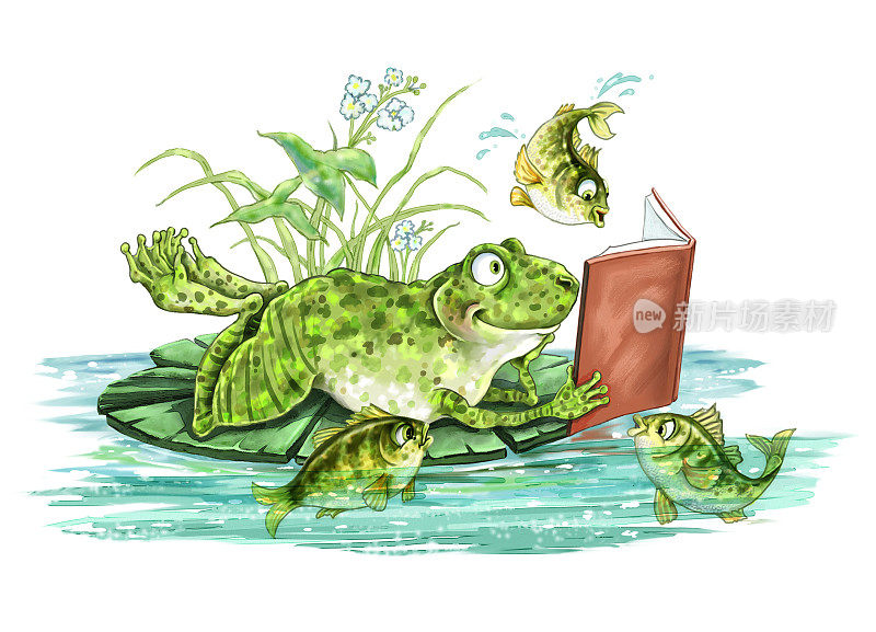 绿色的青蛙读红书给鱼的朋友