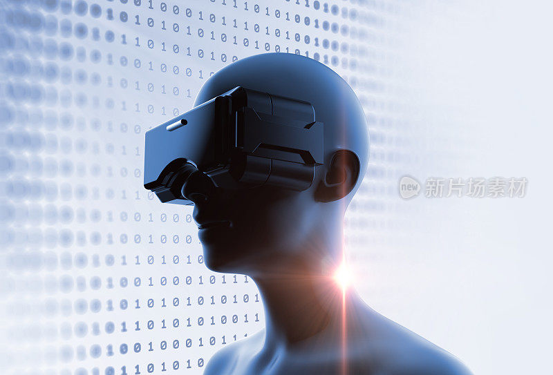 在未来技术上的VR头盔中的人类的3d渲染