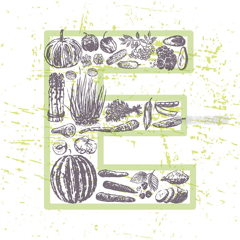 墨水手绘的水果和蔬菜中含有维生素E