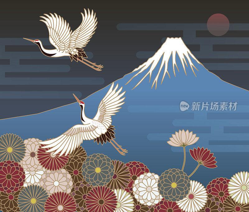 富士山，鹤和菊花花，日本传统图案