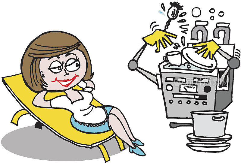 矢量卡通的女人放松，而盘子被洗。