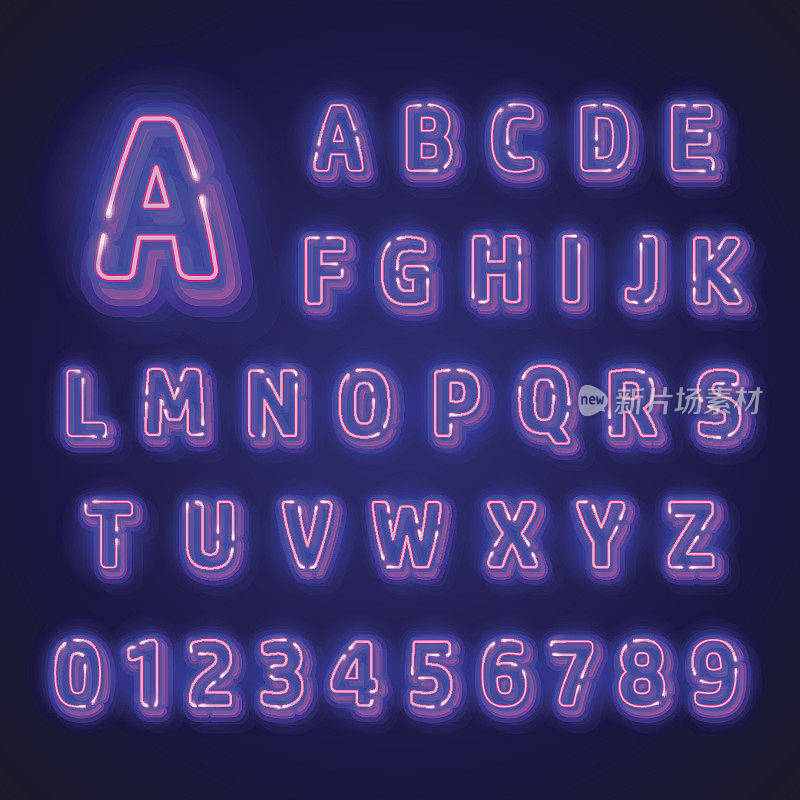 荧光霓虹字体在黑暗的背景。夜灯字母表。矢量插图。
