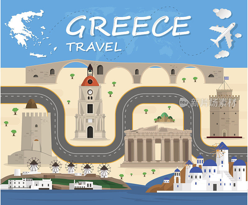 希腊旅行背景地标全球旅行和旅程信息图矢量设计模板。插图。