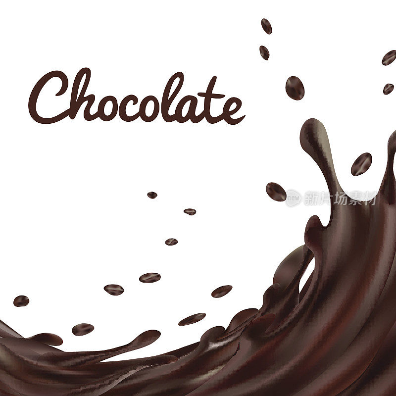 巧克力色斑的背景。棕色热咖啡或巧克力滴和螺栓隔离在白色背景，矢量3d插图