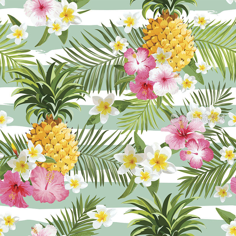 菠萝和热带花卉几何背景-无缝模式