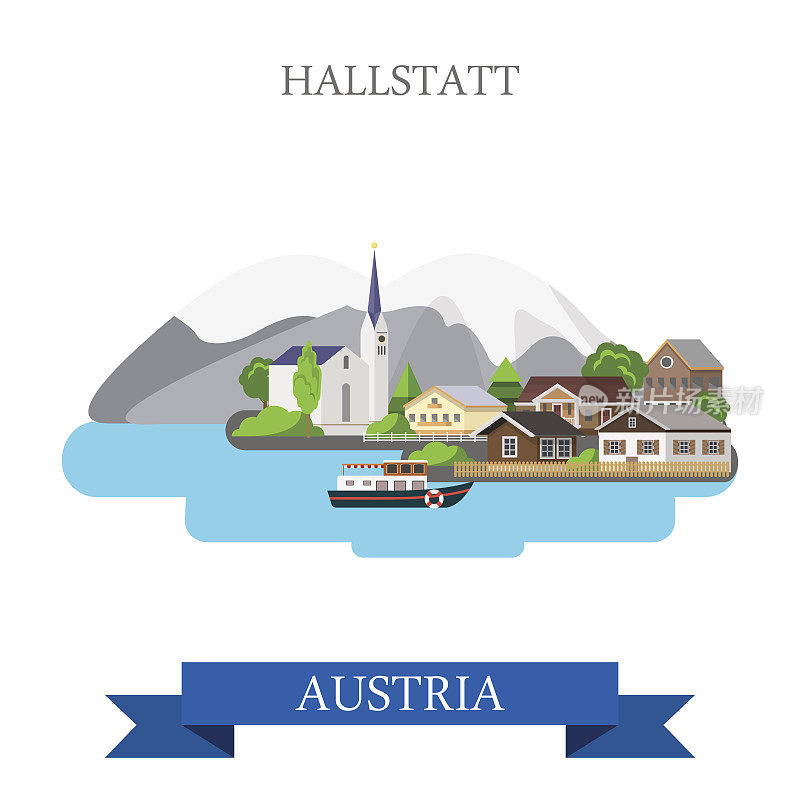 上奥地利萨尔兹卡默格特的哈尔施塔特湖。平面卡通风格的历史景点展示景点网站矢量插图。世界各国城市度假旅游观光收藏。