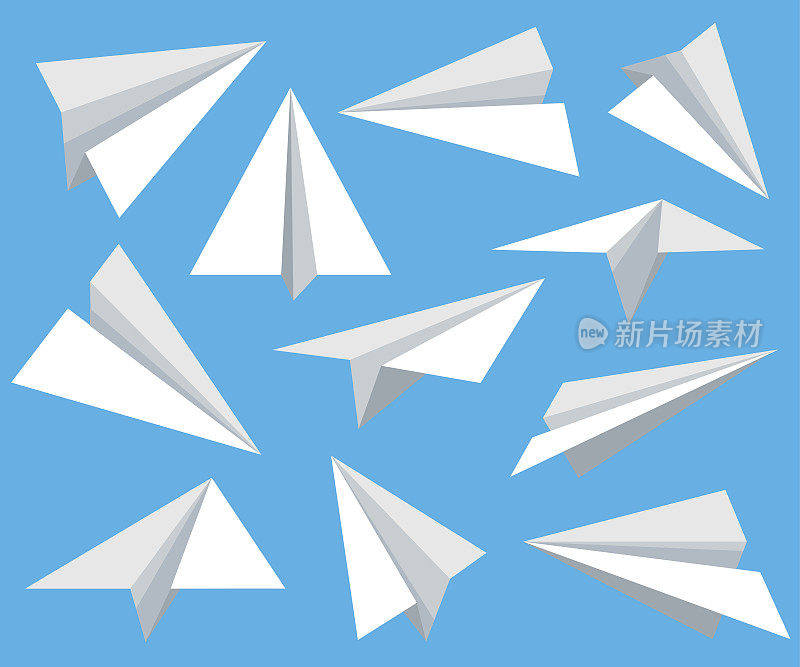 纸平面向量设置为平面风格，与背景隔离。折纸飞机的收藏。手工纸飞机和童纸飞机。网站页面和移动应用程序设计元素。
