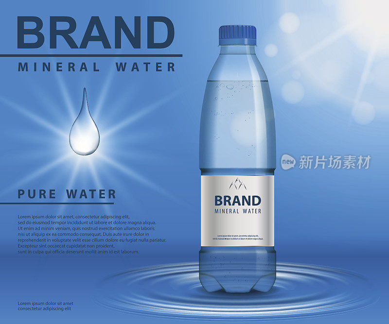 纯矿泉水广告，蓝色背景上有水滴元素的塑料瓶。透明的集装箱模型，用您的品牌设计和广告。逼真的3d插图矢量