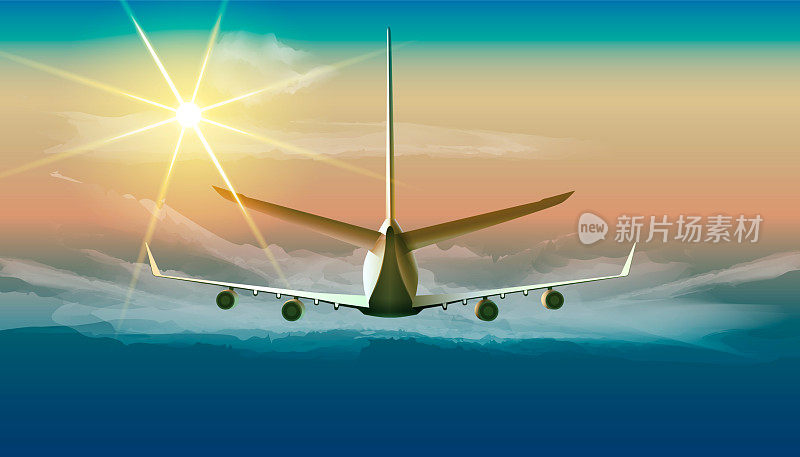 在天空中驾驶飞机。矢量插图喷气式飞机飞行在阳光明媚的蓝天在后视图。