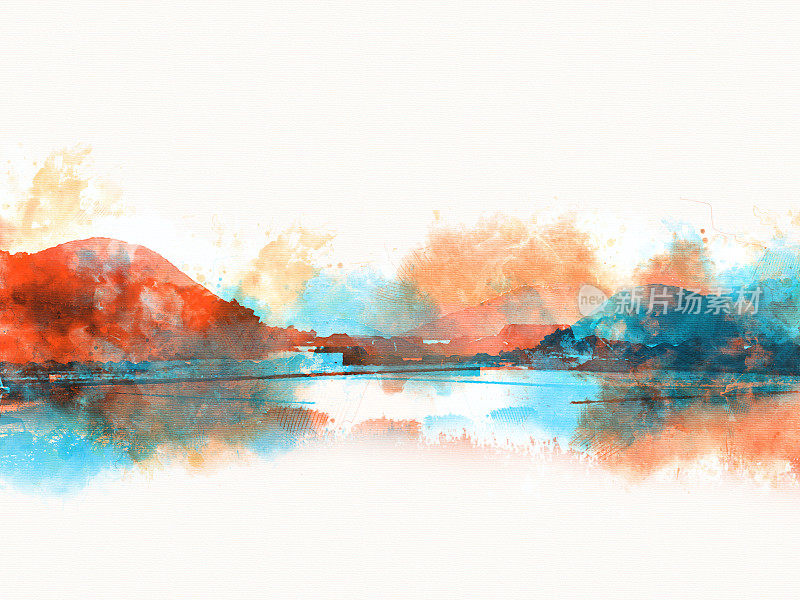 抽象的山峰和河流上的彩色水彩画背景，数字插图笔刷艺术。