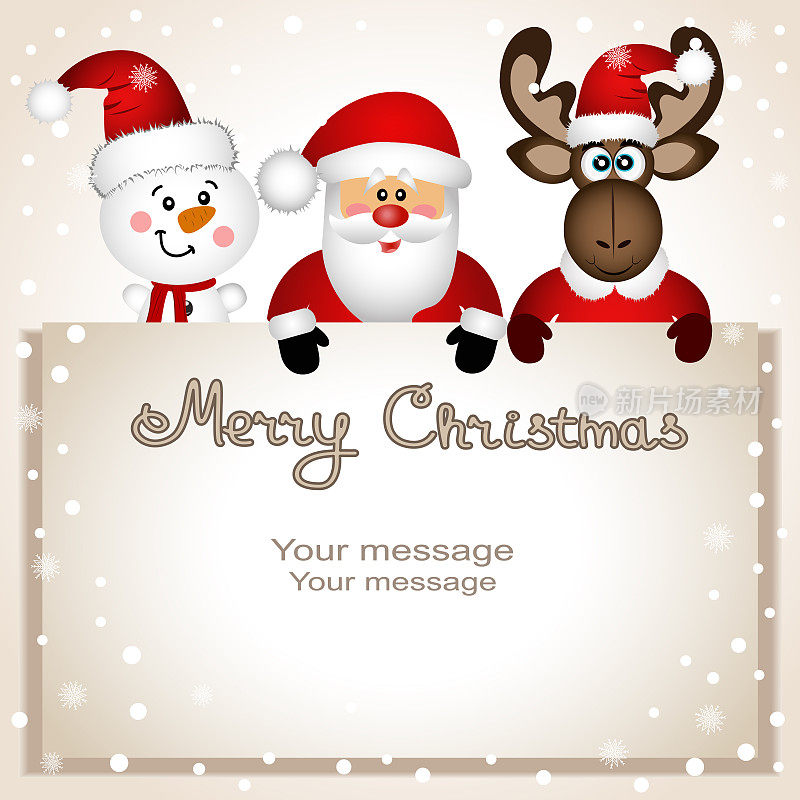 圣诞贺卡。有趣的明信片有雪人，圣诞驼鹿和圣诞老人。