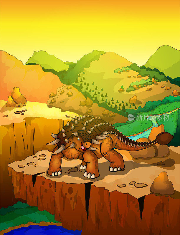 可爱的卡通甲龙与景观背景。孤立的卡通恐龙插图。