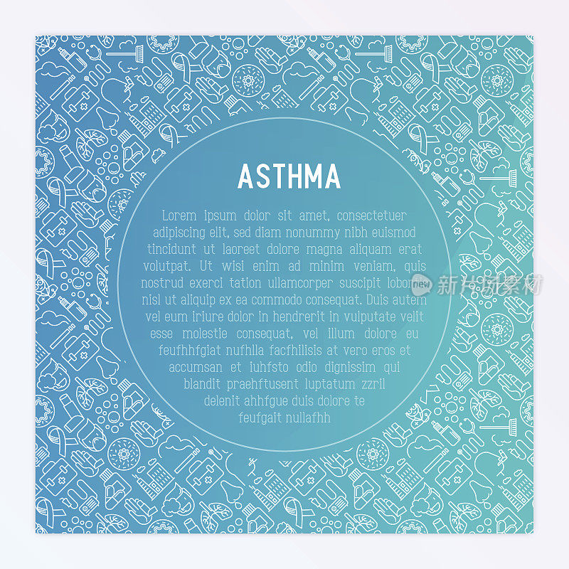 世界哮喘日概念与细线图标:空气污染，吸烟，呼吸器，治疗师，吸入器，支气管，过敏症状和过敏原。矢量插图的旗帜，网页，印刷媒体。