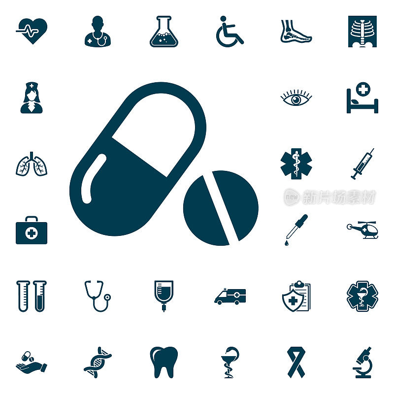 药丸和胶囊图标，医疗设置在白色背景。卫生保健媒介插图