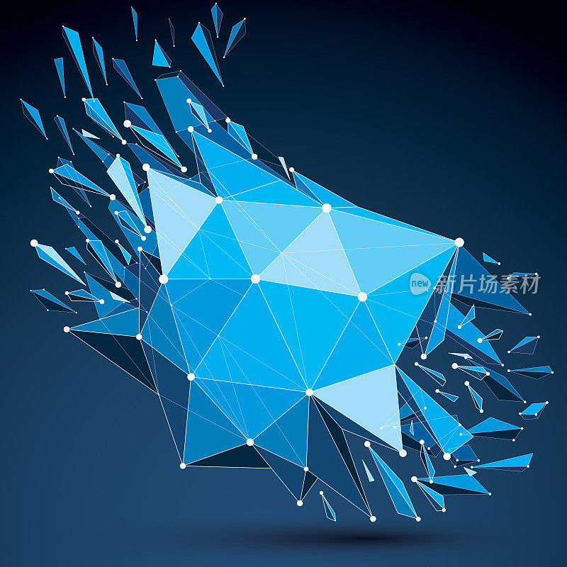 三维矢量数字线框物体分解成不同的粒子和碎片，几何多边形结构用白线网格。低聚亮蓝色碎块状，晶格状。
