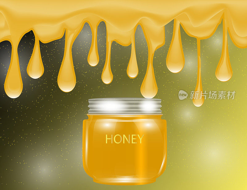 蜂蜜飞溅滴甜蜜的水滴和玻璃罐上闪闪发光的背景。