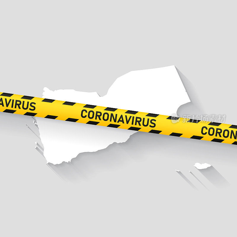 也门地图与冠状病毒警告胶带。Covid-19爆发