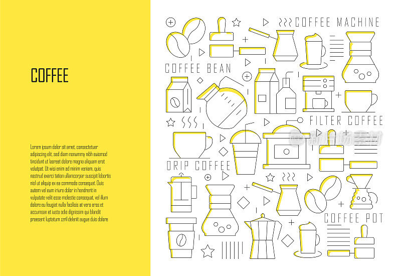 咖啡相关线设计风格网页横幅矢量插图
