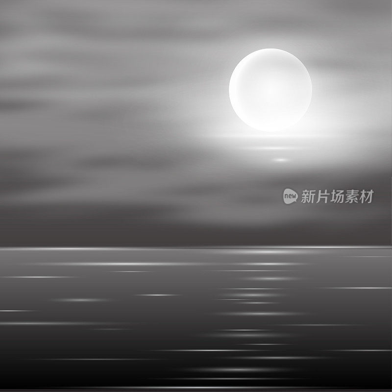 在海上观看夜晚的满月。水面上的月影。向量的背景