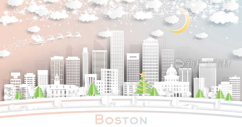 美国马萨诸塞州波士顿的城市天际线剪纸风格的雪花，月亮和霓虹灯花环。