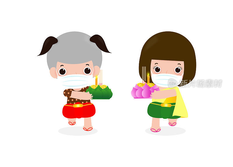 为新常态冠状病毒或covid19和可爱的泰国儿童在传统服装服装戴口罩和举行克拉通庆典和泰国文化载体背景