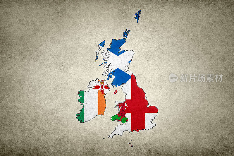 格朗吉不列颠群岛地图，上面印着旗帜