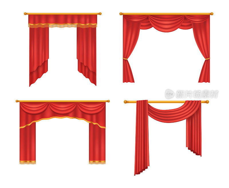 逼真的红色剧院窗帘。红丝绒窗帘和窗帘设计室内，剧院舞台装饰，婚礼沙龙，电影院，大厅歌剧。奢侈面料纹理孤立向量